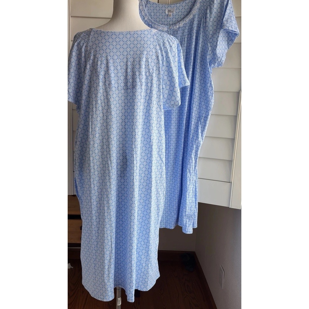 Aria Lot 2 Blue Floral Nightgown 3X House Dress Loungewear Pockets 100% Cotton - Picture 2 of 10